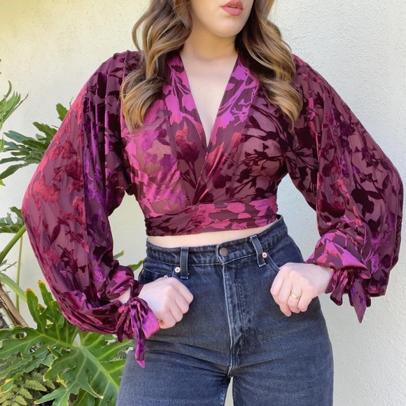 Dolls Kill Tops - Dolls Kill burgundy burnout velvet crop top NWT